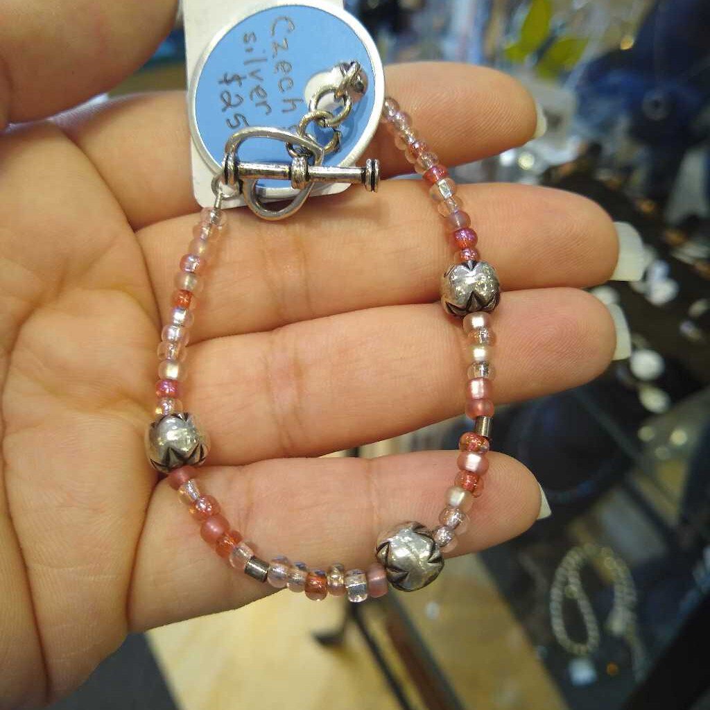 Pink Czech Glass, silver findings bracelet