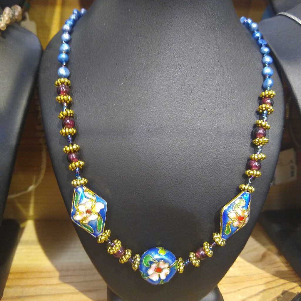 Dyed Blue Pearls, Garnets, Cloisonne Goldtone Necklace