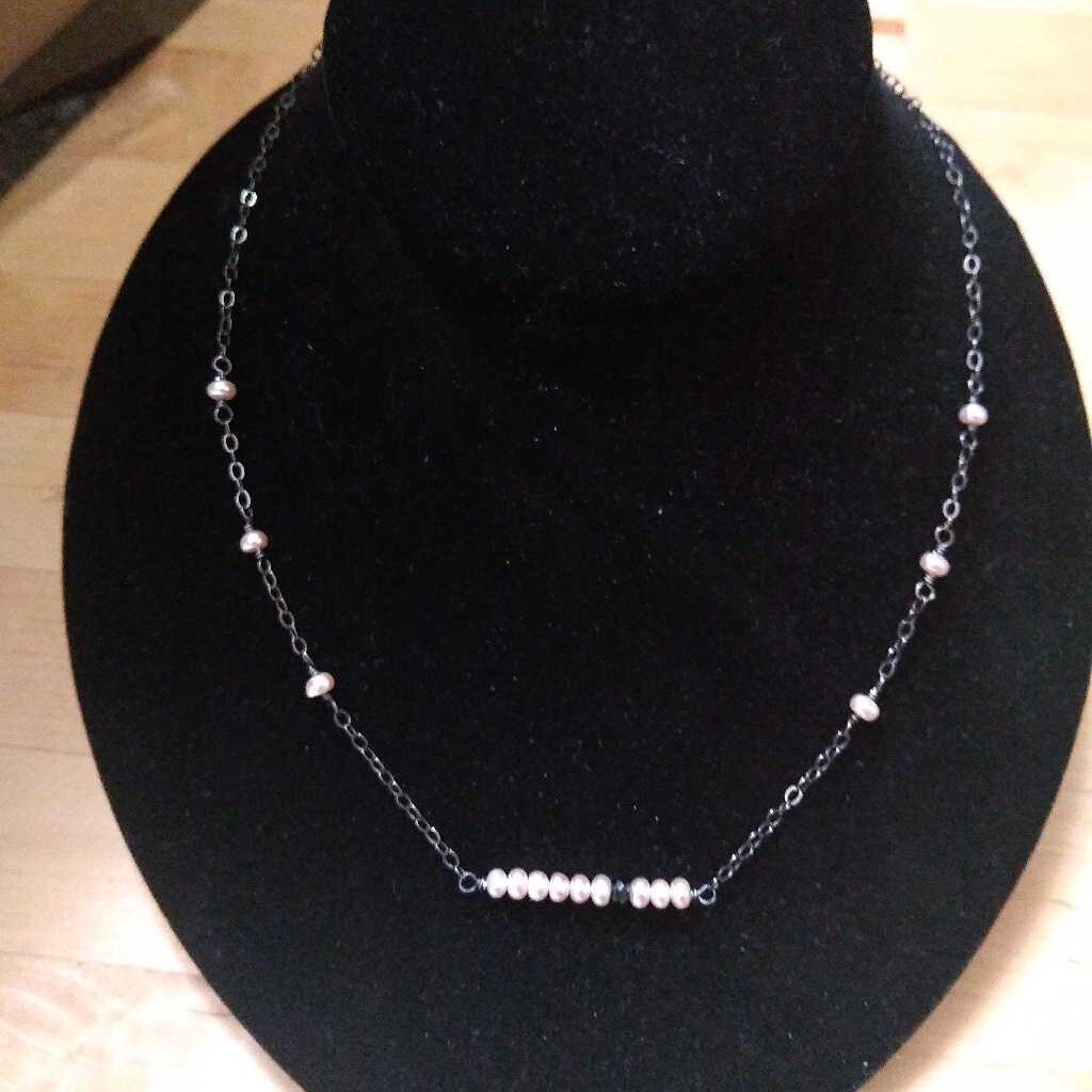 Pretty in Pink Pearls with Jet Spinel on Antiqued Sterling Necklace