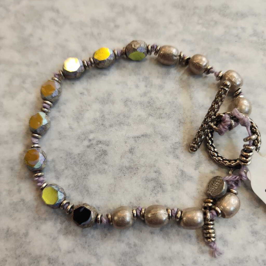 Hand-knotted Silver and Czech Bead Toggle Bracelet