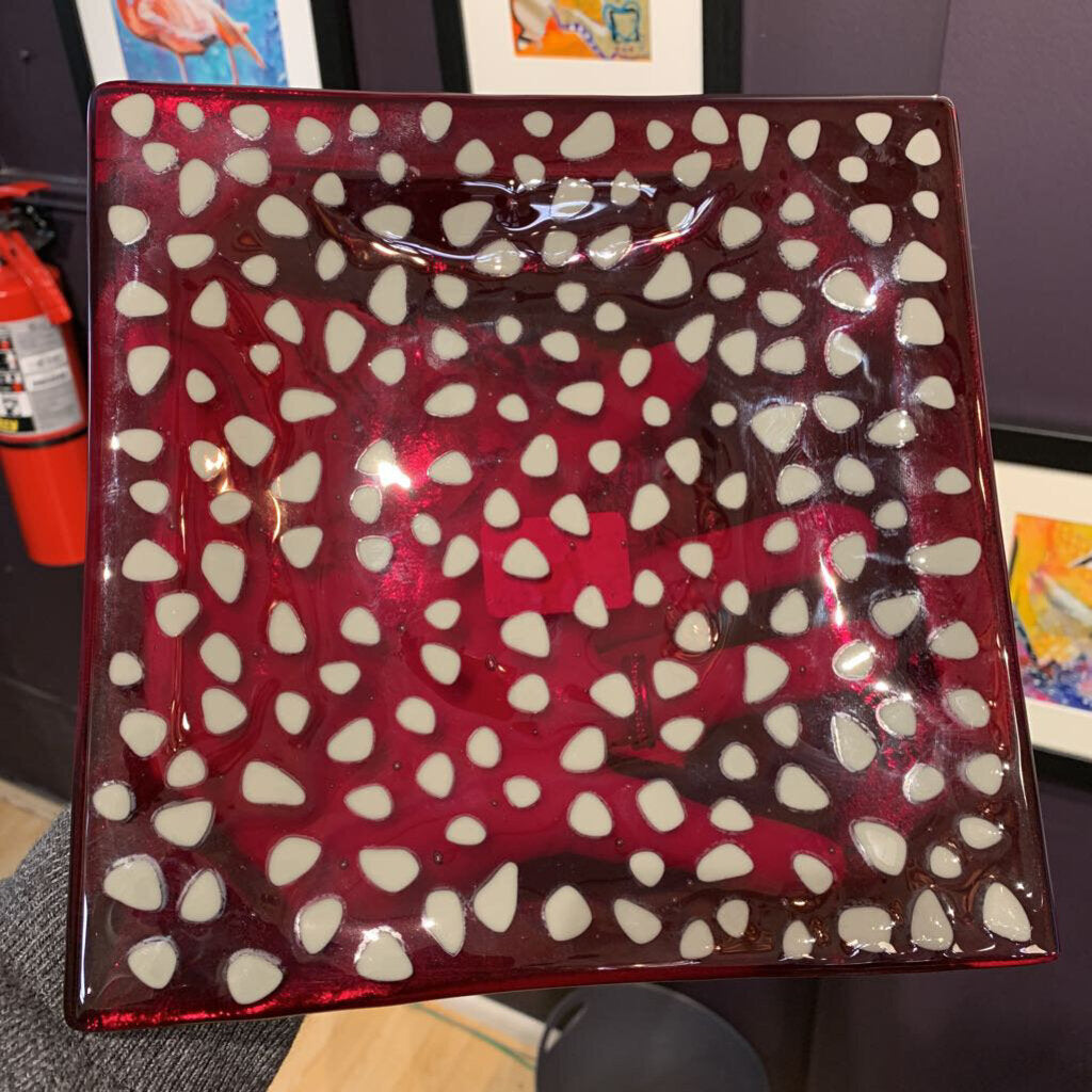 Red Fused Glass Plate with Grey Speckles