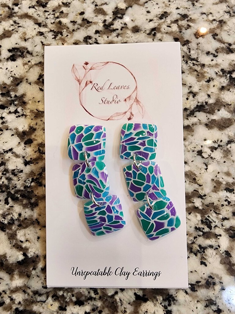 Translucent Blue, Green, and Purple Three Square Drop Dangle Earrings