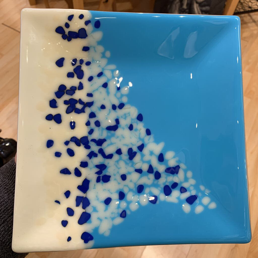 Blue and White Speckled Fused Glass Plate
