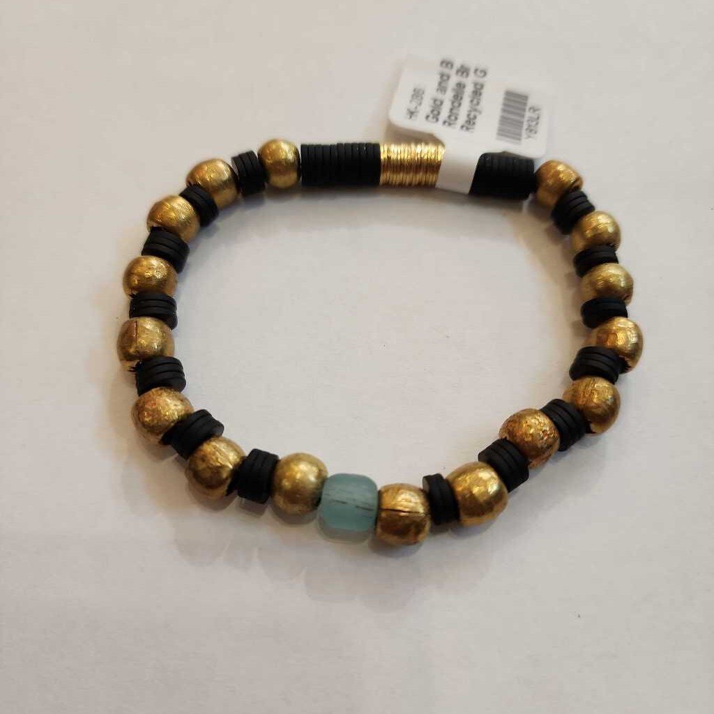Gold and Black Rondelle Bracelet w/ Recycled Glass Focal