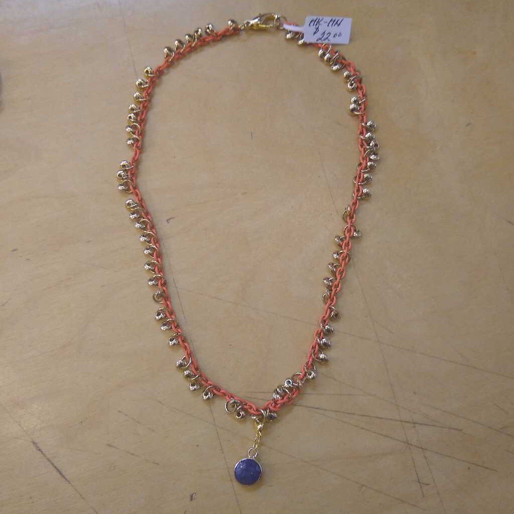 17" Orange Chain Necklace w/ Gold Beads and Blue Round Charm