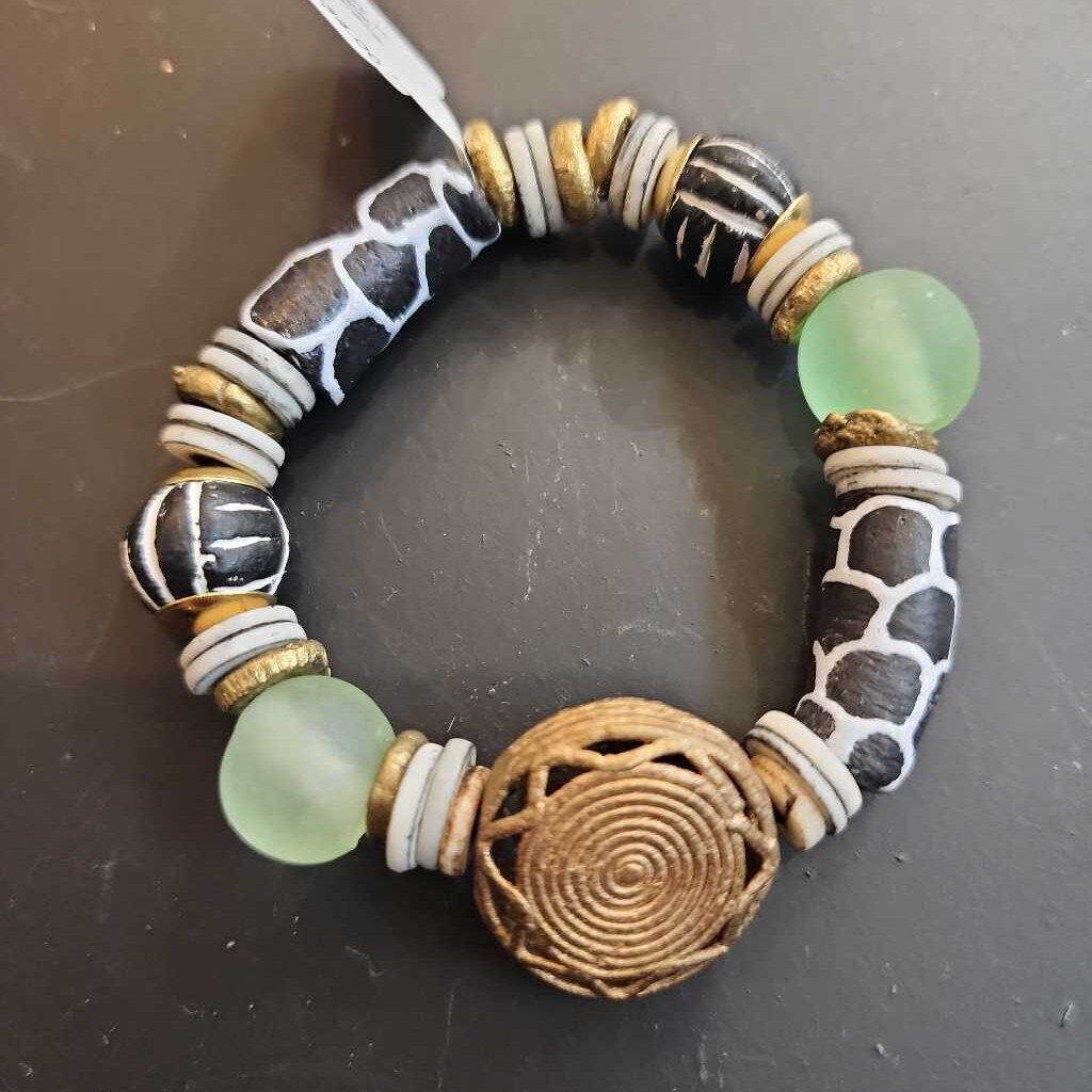 Stretchy Bracelet w Animal Print Tubes, Green Glass Spacers and Brass Sun Focal