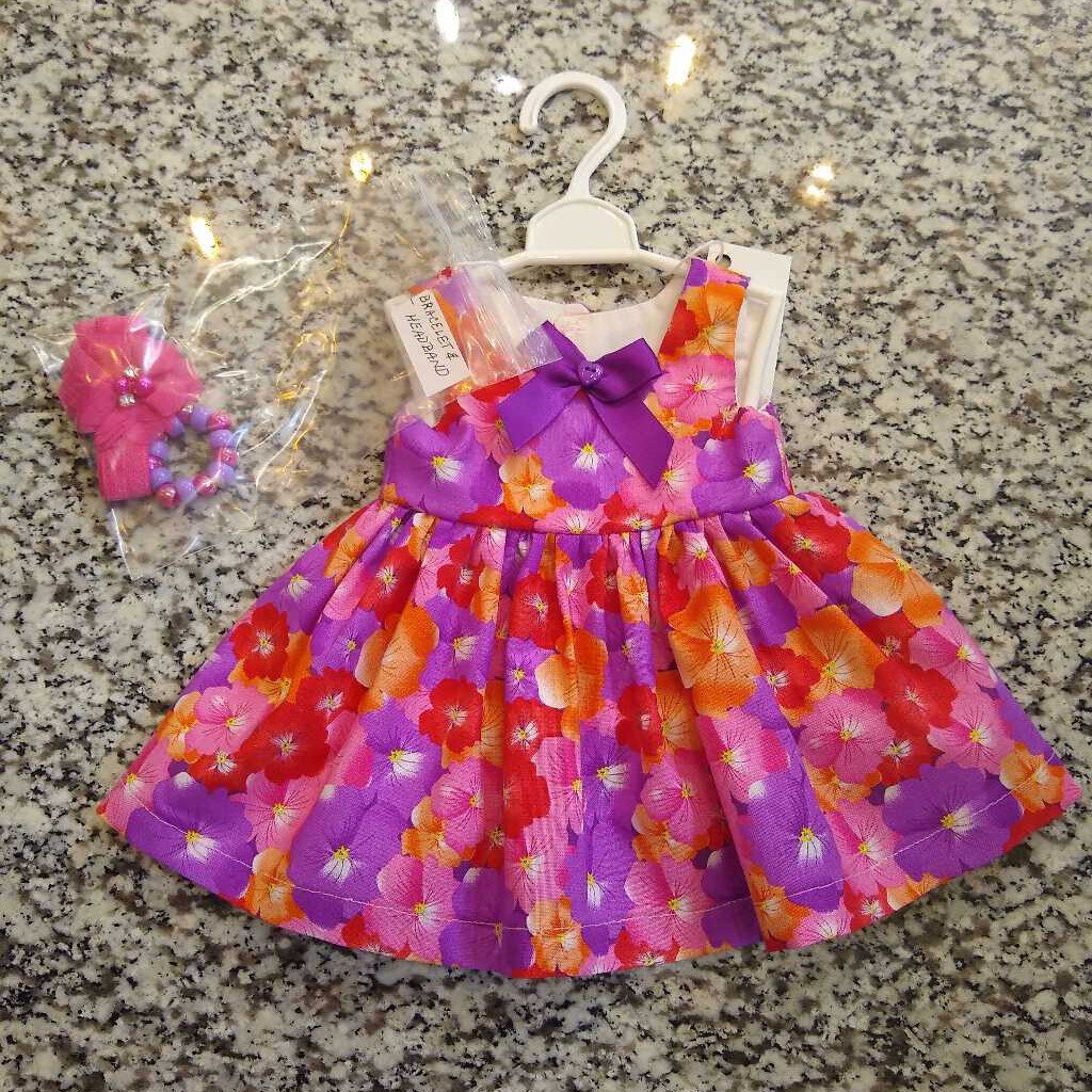 American Doll Pink/Purple Flowered Sleeveless Dress with Headband & Bracelet