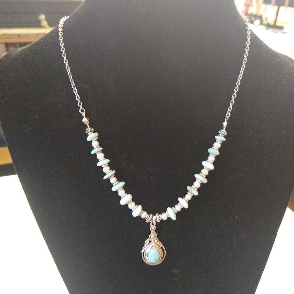 Larimar, Pearl, and Silver Necklace