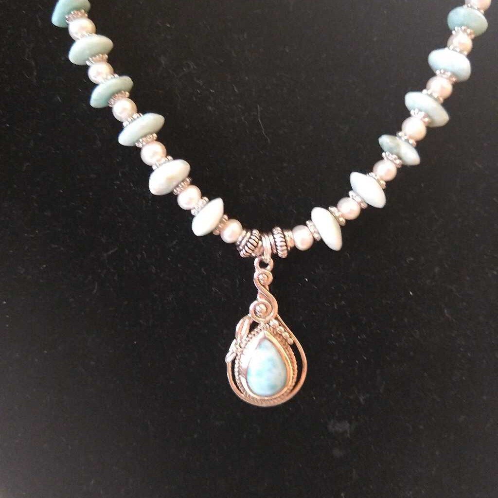 Larimar, Pearl, and Silver Necklace