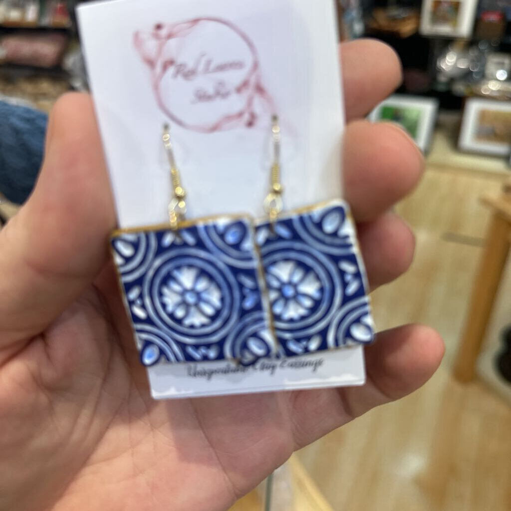 Moroccan Tile Blue w/ White Accent Dangle Earrings